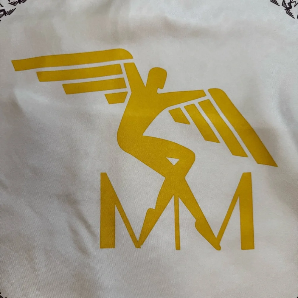 RARE Maison Mollerus Silk Scarf Square Logo Print Hand Rolled Brown Yellow